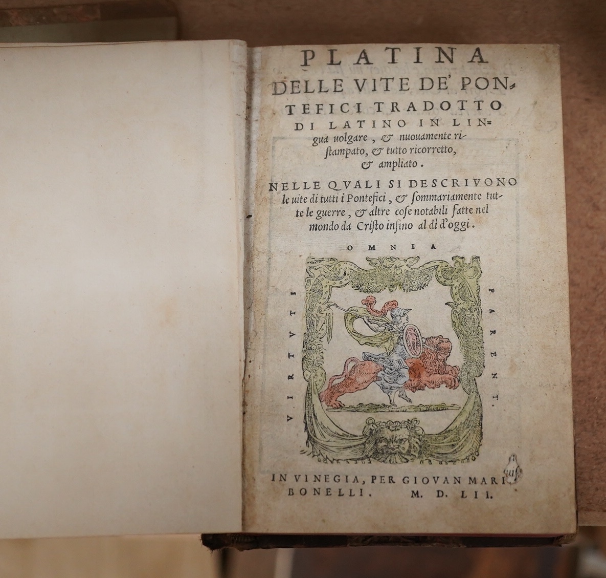 Platina, Delle Vite de’ pontefici … (The Lives of the Pontifs), publ. In Vinegia, per Giovan Bonelli, 1552, 8vo. later rebound